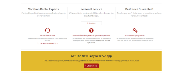 Page d'accueil Easy Reserve, informations sur les services et lien vers l'application