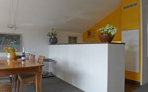 Im Gruebi Apt.5: Table, Plante, Meubles, Plante D'Appartement, Bâtiment, Pot De Fleur, Orange, Éclairage, Design Intérieur, Bois