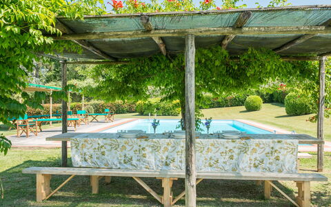 Villa Le Volte: Canopée, Pergola, Meubles, Botanique, Herbe, Pavillon, Ombre, Table, Arbre, Jardin
