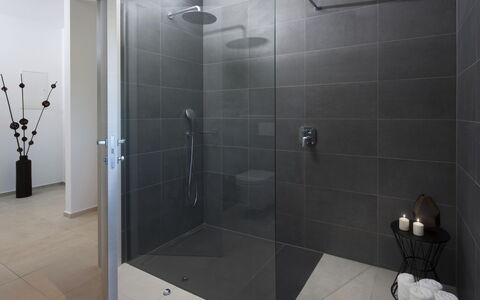 Villa Fasana: Tuile, Salle De Bains, Douche, Propriété, Pièce, Panneau De Douche, Porte De Douche, Verre, Luminaire Plomberie, Sol