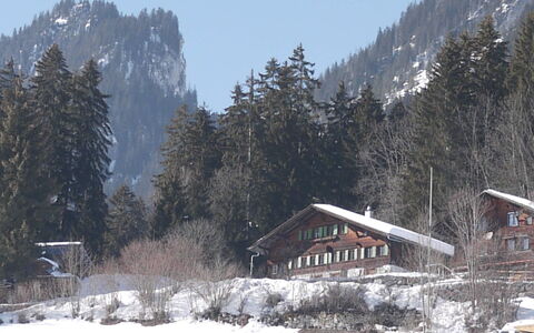 Auf der Mauer: Ciel, Plante, Montagne, Neige, Bâtiment, Fenêtre, Paysage Naturel, Arbre, Mélèze, Maison