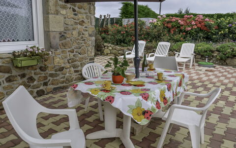 Chez Yvonne: Table, Plante, Meubles, Propriété, Chaise, Fenêtre, Tableau De Plein Air, Pot De Fleur, Parapluie, Nappe De Table