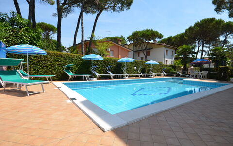 Lignano Pineta 644: L'Eau, Meubles, Bâtiment, Plante, Ciel, Piscine, Bleu Azur, Arbre, Ombre, Mobilier De Jardin