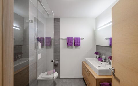 Ferienwohnung Panorama Lodge: Design Intérieur, Salle De Bains, Luminaire Plomberie, Sol, Mur, Lavabo, Évier, Armoire De Toilette, Sol, Robinet