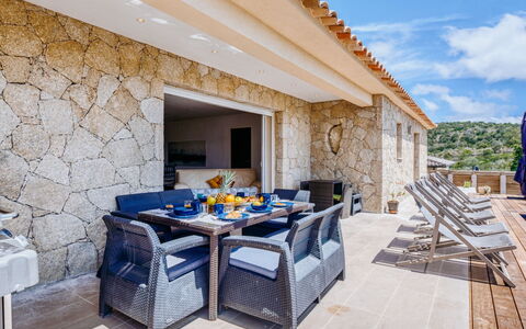 Villa Belios: Propriété, Meubles, Table, Bâtiment, Bleu Azur, Ciel, Chaise, Ombre, Design Intérieur, Mobilier De Jardin