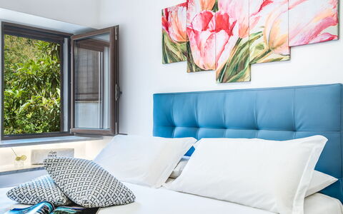 Loft In Sorrento: Fleur, Propriété, Meubles, Canapé, Blanc, Plante, Vert, Bleu Azur, Rectangle, Confort