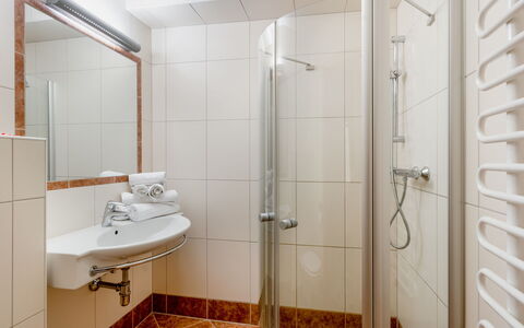 Schladming 29: Miroir, Luminaire Plomberie, Porte De Douche, Propriété, Robinet, Évier, Bâtiment, Salle De Bains, Tete De Douche, Douche
