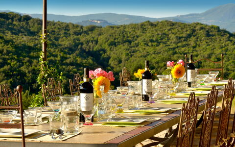 Villa Guardistallo: Ciel, Fleur, Table, Vaisselle, Propriété, Plante, Montagne, Nappe De Table, La Nature, Chaise
