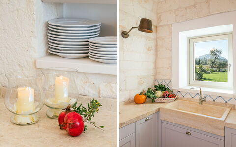 Villa Bellavista: Cabinetry, Vaisselle, Aliments, Comptoir, Blanc, Plante, Robinet, Évier, Bois, Vaisselle