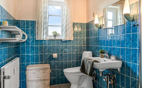 Jördis - 150M from the Sea: Bleu, Luminaire Plomberie, Salle De Bains, Design Intérieur, Sol, Tuile, Plomberie, Robinet, Évier, Toilette