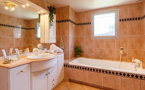 L'Oiseau Bleu: Salle De Bains, Lavabo, Design Intérieur, Évier, Luminaire Plomberie, Comptoir, Sol, Baignoire, Sol, Miroir
