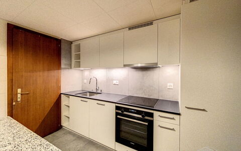 Crans-Colline 17: Cabinetry, Comptoir, Évier, Robinet, Bâtiment, Cuisine, Cuisinière, Éclairage, Bois, Design Intérieur