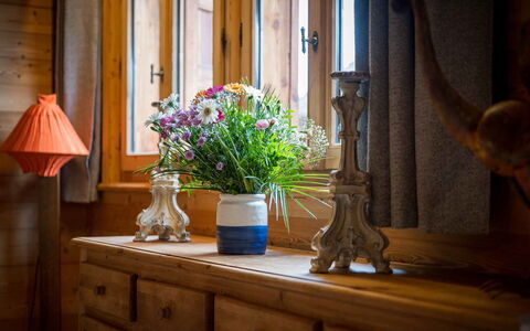 Chalet Lièvre Blanc: Fleur, Plante, Propriété, Meubles, Fenêtre, Bâtiment, Bois, Vase, Textile, Cabinetry