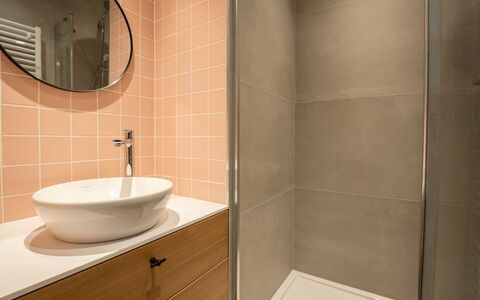 Les Citrinelles with Parking: Salle De Bains, Sol, Mur, Sol, Design Intérieur, Luminaire Plomberie, Lavabo, Armoire De Toilette, Plomberie, Marron
