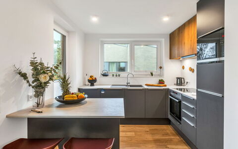 Dünenblick: Appareil De Cuisine, Cuisine, Comptoir, Meubles, Cabinetry, Design Intérieur, Principaux Appliance, Électroménager, Sol, Bois