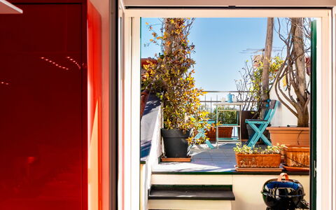 Terrazza con Glicine: Pot De Fleur, Plante D'Appartement, Tache De Bois, Balcon, Dur, Chaise, Eco Hôtel, Vernis, Accueil Porte, Parquet
