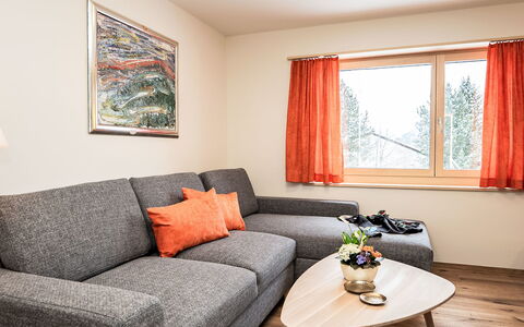 Chesa Giere: Meubles, Canapé, Design Intérieur, Bois, Sol, Salon, Appartement, Domicile, Sol, Orange