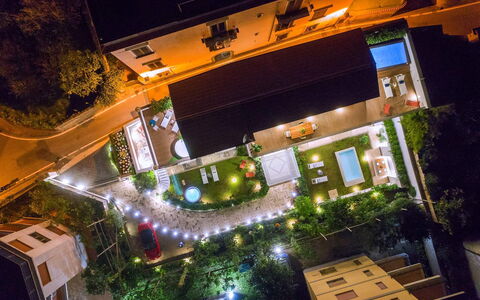 The Ivy Villa: Nuit, Jardin, Piscine, Éclairage Paysager, Aménagement Paysager, Recours, Arrière-Cour, Cour, Cour, Vue Du Ciel