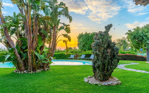 Villa Polistena: Bleu, Vert, Herbe, Arbuste, Paysage, Jardin, Piscine, Pelouse, Recours