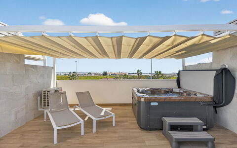 Azure Terras Private Rooftop Spa: Mobilier De Jardin, Composite, Ombre, Piscine, Pergola, Recours, Conception, Patio, Chaise, Structure En Plein Air