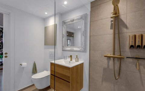 Fastulf - 1.2Km to the Fjord: Design Intérieur, Sol, Sol, Luminaire Plomberie, Plomberie, Salle De Bains, Tuile, Armoire De Toilette, Évier, Robinet