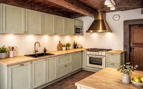 Máchova Roubenka: Cuisine, Appareil De Cuisine, Comptoir, Cabinetry, Sol, Bois, Principaux Appliance, Design Intérieur, Meubles, Cuisinière