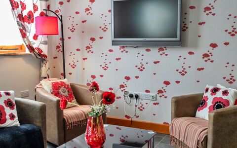 Poppy Cottage, Great Houndbeare Farm: Meubles, Design Intérieur, Mur, Rouge, Textile, Salon, Rose, Domicile, Canapé, Éclairage