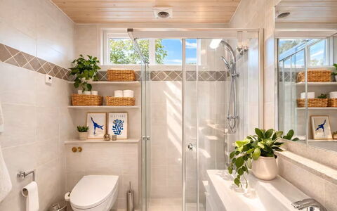 Herdina - 300M from the Sea: Salle De Bains, Design Intérieur, Luminaire Plomberie, Sol, Évier, Armoire De Toilette, Lavabo, Robinet, Sol, Domicile