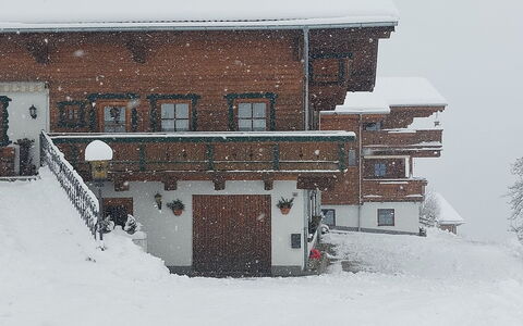 Unterpirchhof: Bâtiment, Neige, Fenêtre, Maison, Pente, Design Urbain, Bois, Façade, Gelé, Toit