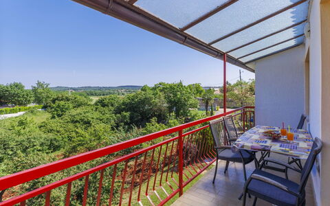 Poreč Jehnići 600: Ciel, Plante, Meubles, Table, Ombre, Arbre, Porche, Pot De Fleur, Chaise, Bois