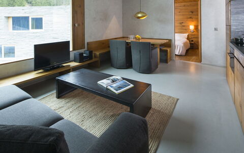 Comfort Alpine: Propriété, Fenêtre, Bois, Salon, Design Intérieur, Éclairage, Bâtiment, Télévision, Sol, Canapé