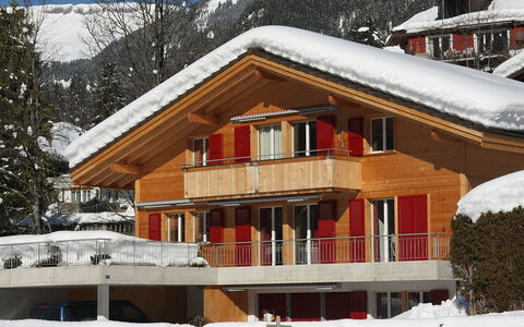 Chalet Almisgässli: Neige, Bâtiment, Fenêtre, Ciel, Arbre, Montagne, Maison, Bois, Pente, Chalet