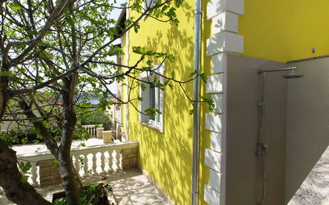 Novigrad (Zadar) 126: Bâtiment, Plante, Ombre, Lumière Du Soleil, Maison, Jaune, Fenêtre, Arbre, Surface De La Route, Bois