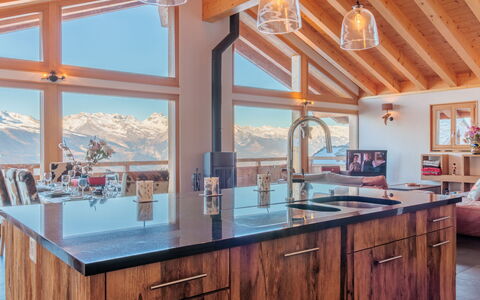 Chalet Flocon de Neige: Design Intérieur, Plafond, Luminaire, Domicile, Cuisine, Comptoir, Verre, Faisceau, Matériau Naturel, L'Hiver